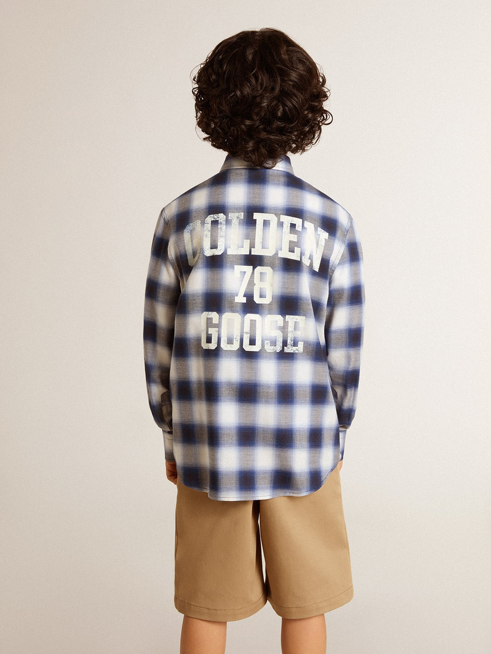 Golden Goose Boys' blue and white checked shirt with print on the back