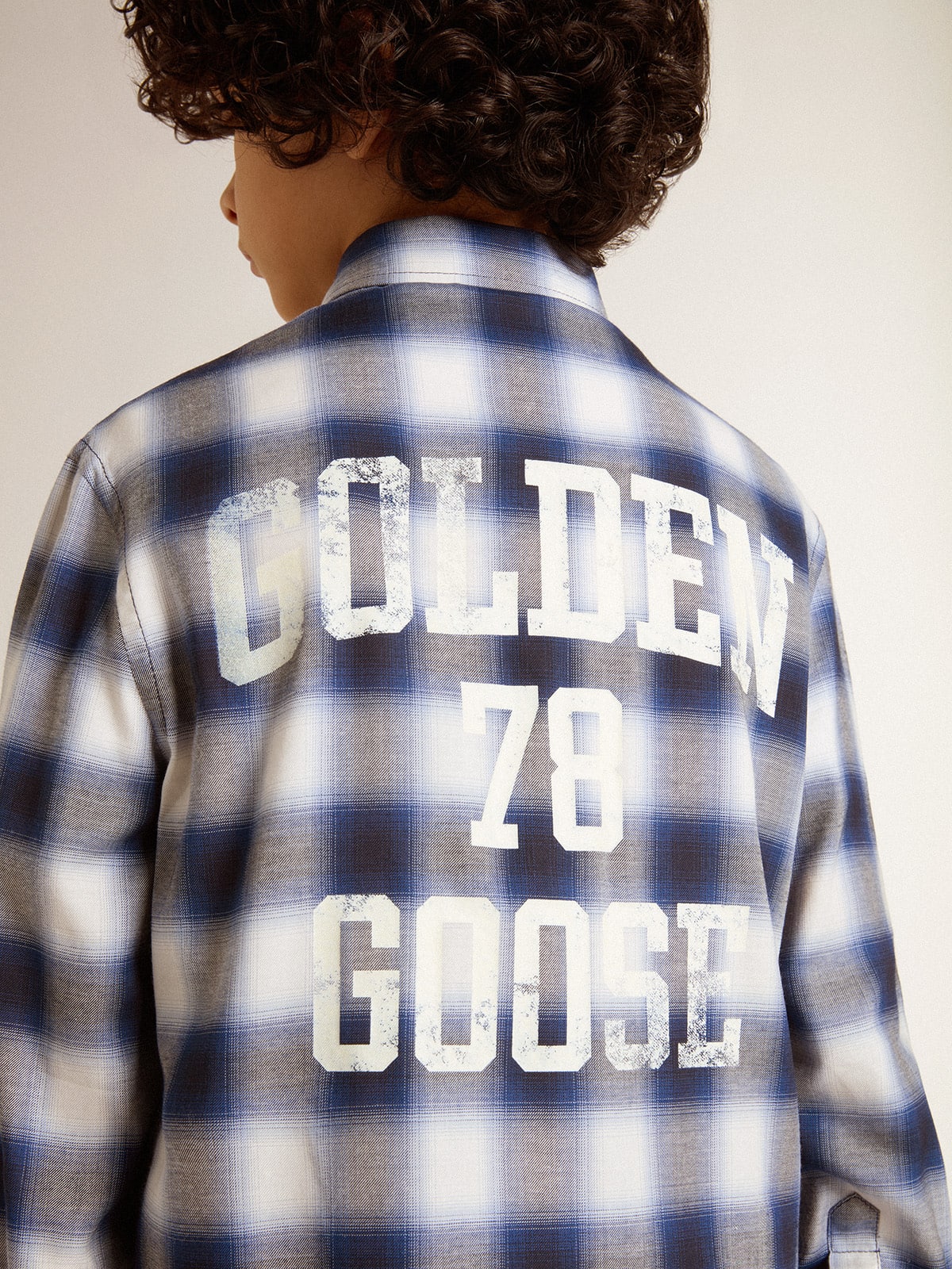 Golden Goose Boys' blue and white checked shirt with print on the back