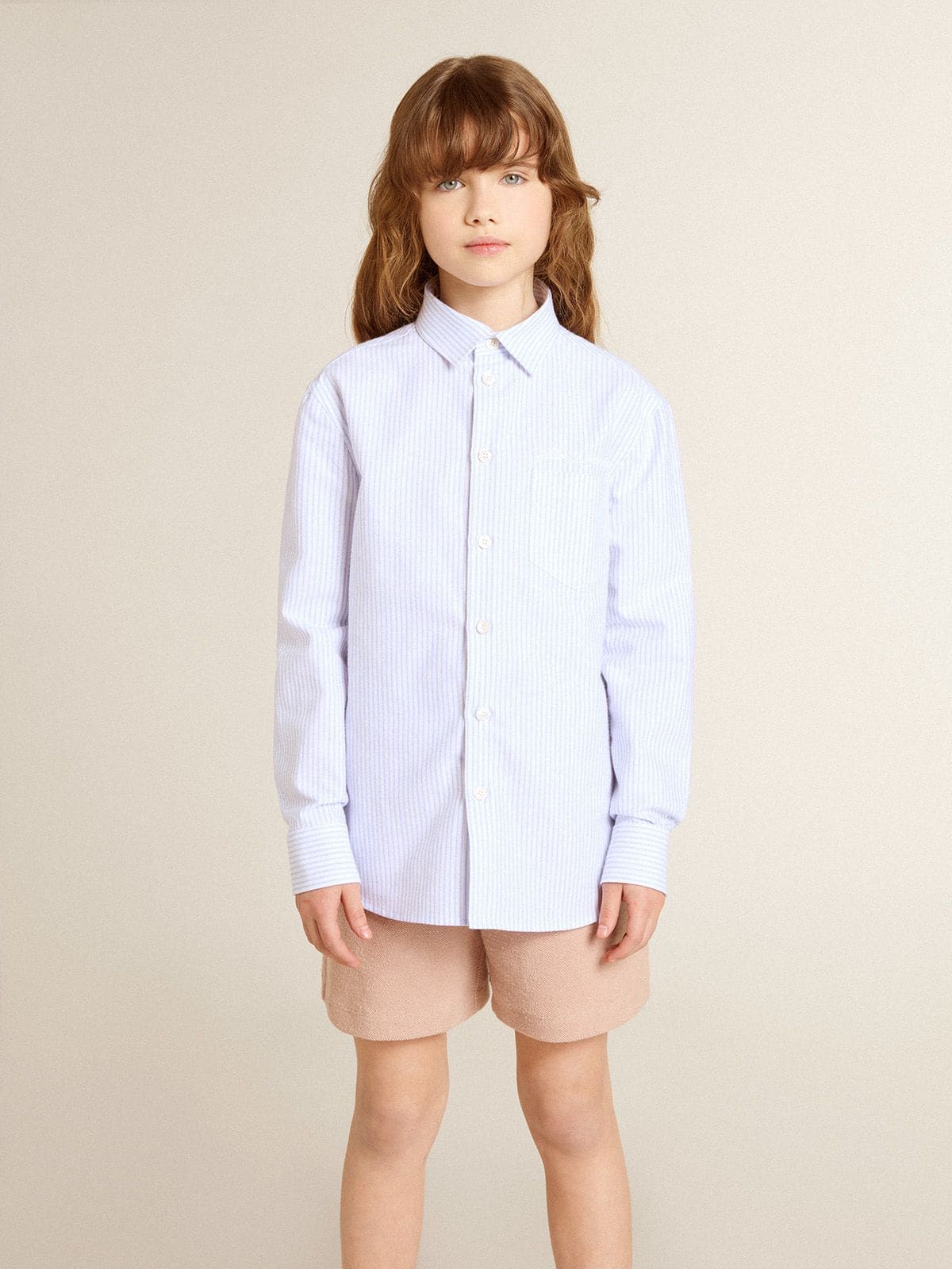 Golden Goose Boys' shirt in light blue and white striped cotton with embroidered logo