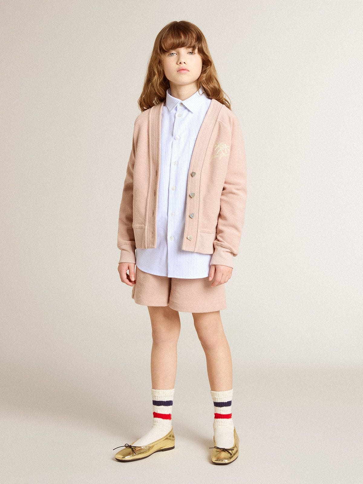 Golden Goose Boys' shirt in light blue and white striped cotton with embroidered logo