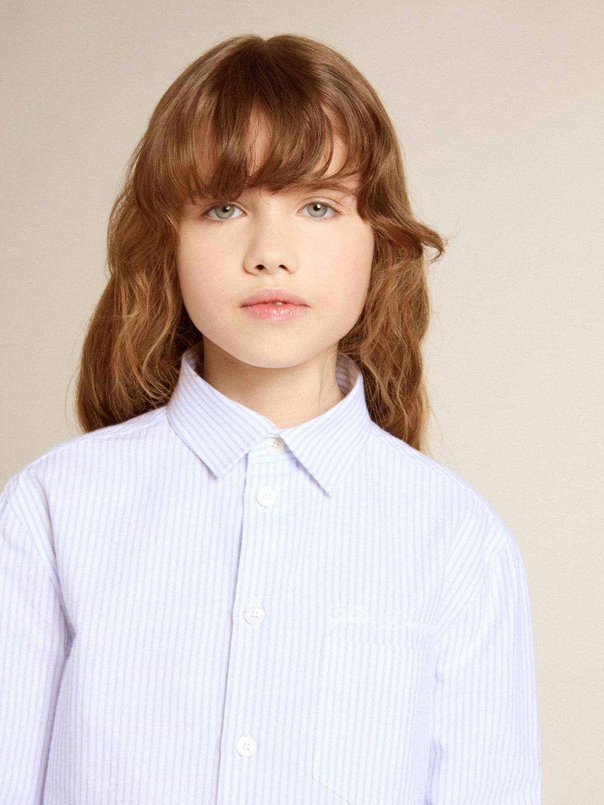 Golden Goose Boys' shirt in light blue and white striped cotton with embroidered logo