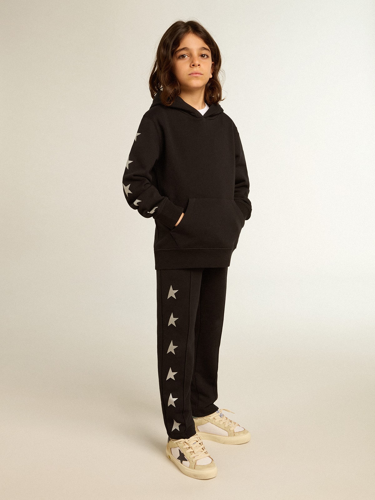Golden Goose Boys’ hooded sweatshirt in black with contrasting silver stars