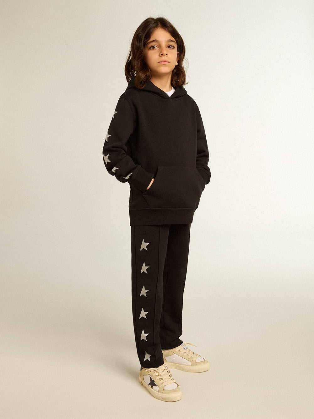 Golden Goose Boys’ hooded sweatshirt in black with contrasting silver stars