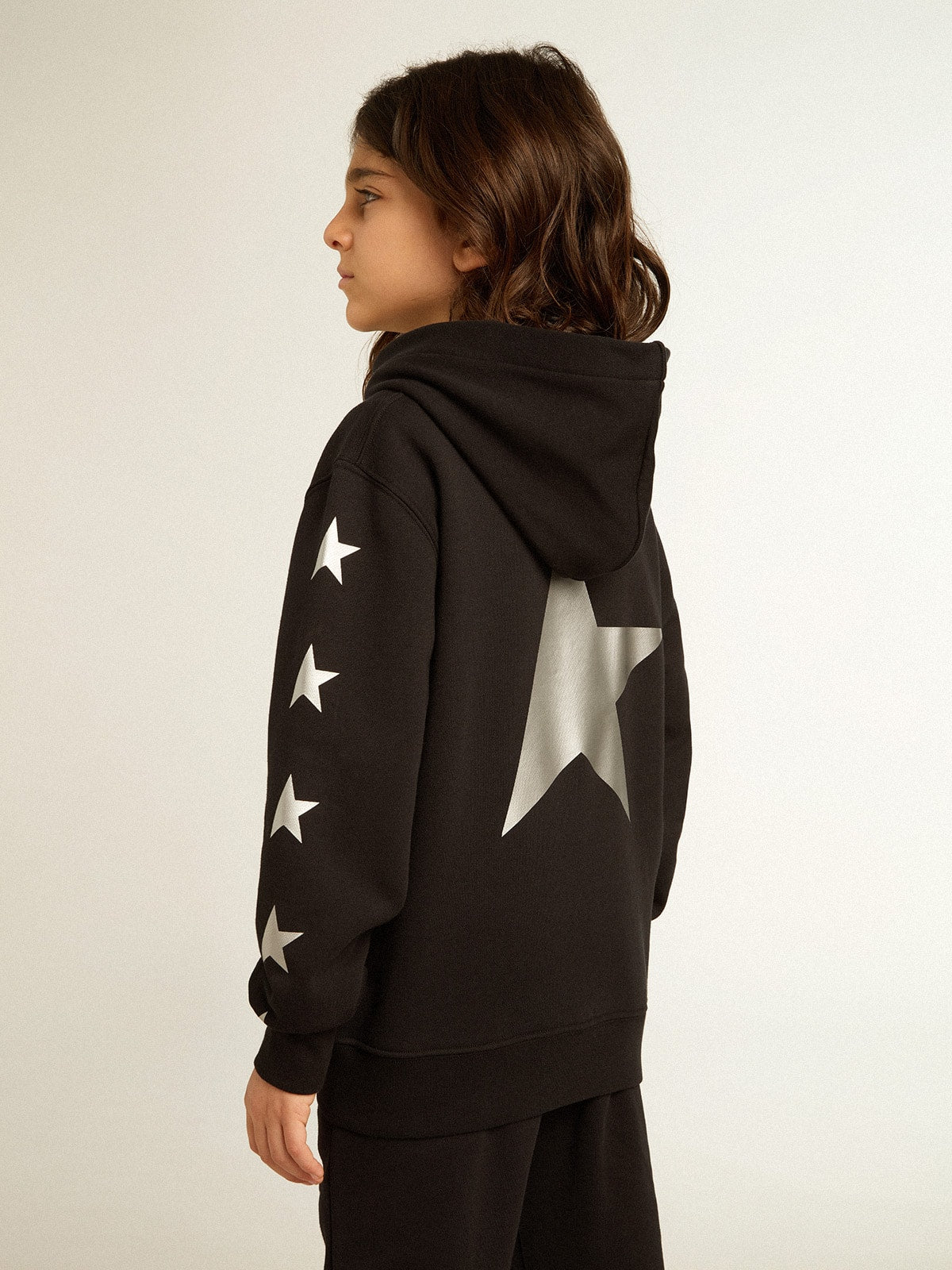 Golden Goose Boys’ hooded sweatshirt in black with contrasting silver stars