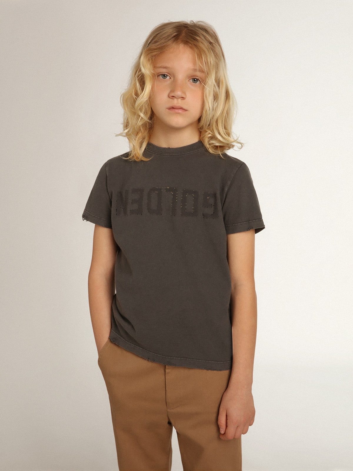 Golden Goose Boys’ T-shirt in gray with distressed treatment