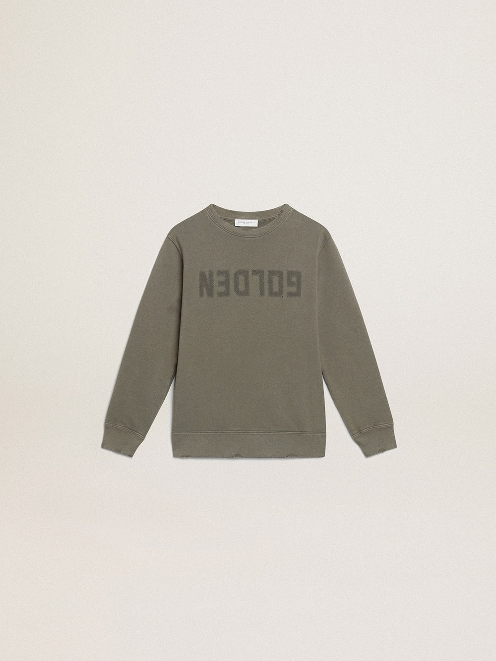 Golden Goose Distressed olive-green sweatshirt with Golden lettering on the front