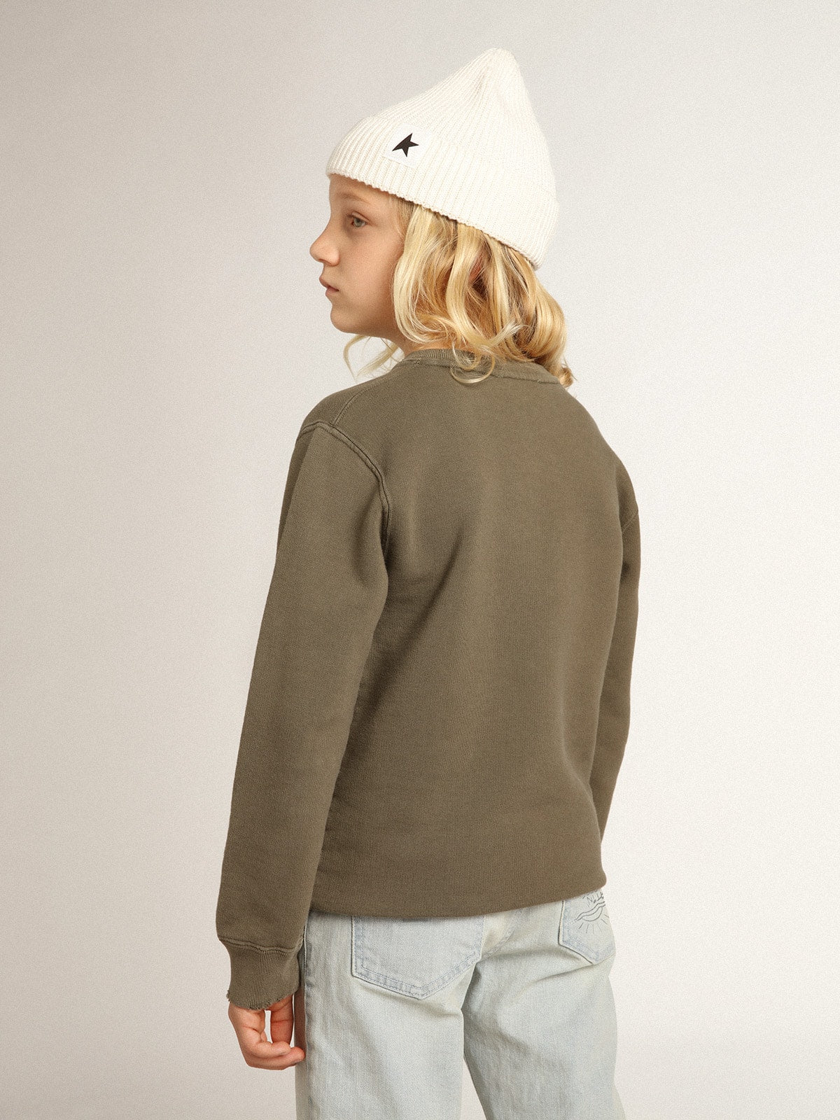 Golden Goose Distressed olive-green sweatshirt with Golden lettering on the front