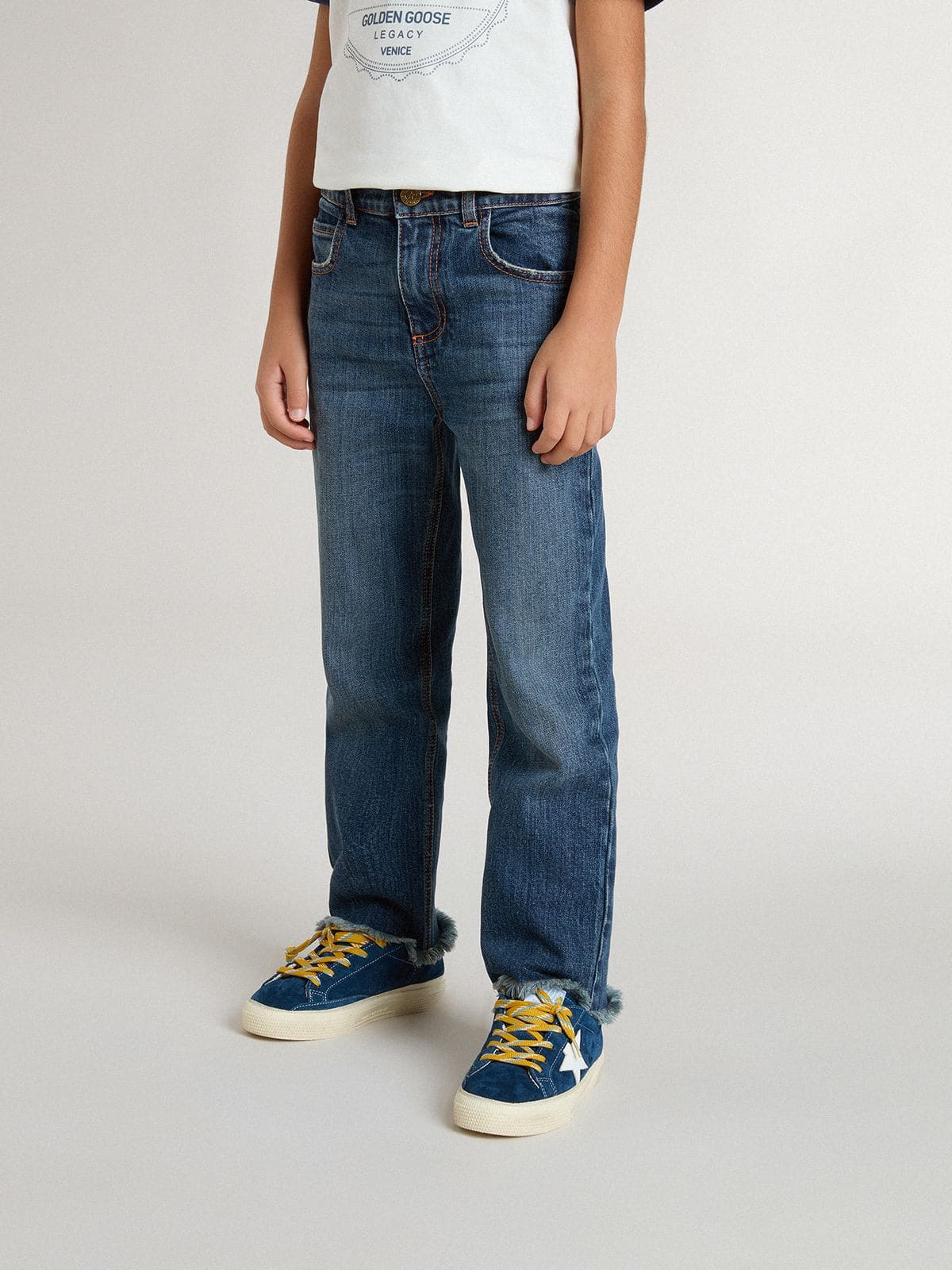 Golden Goose Boys' denim jeans with a raw edge and embroidery
