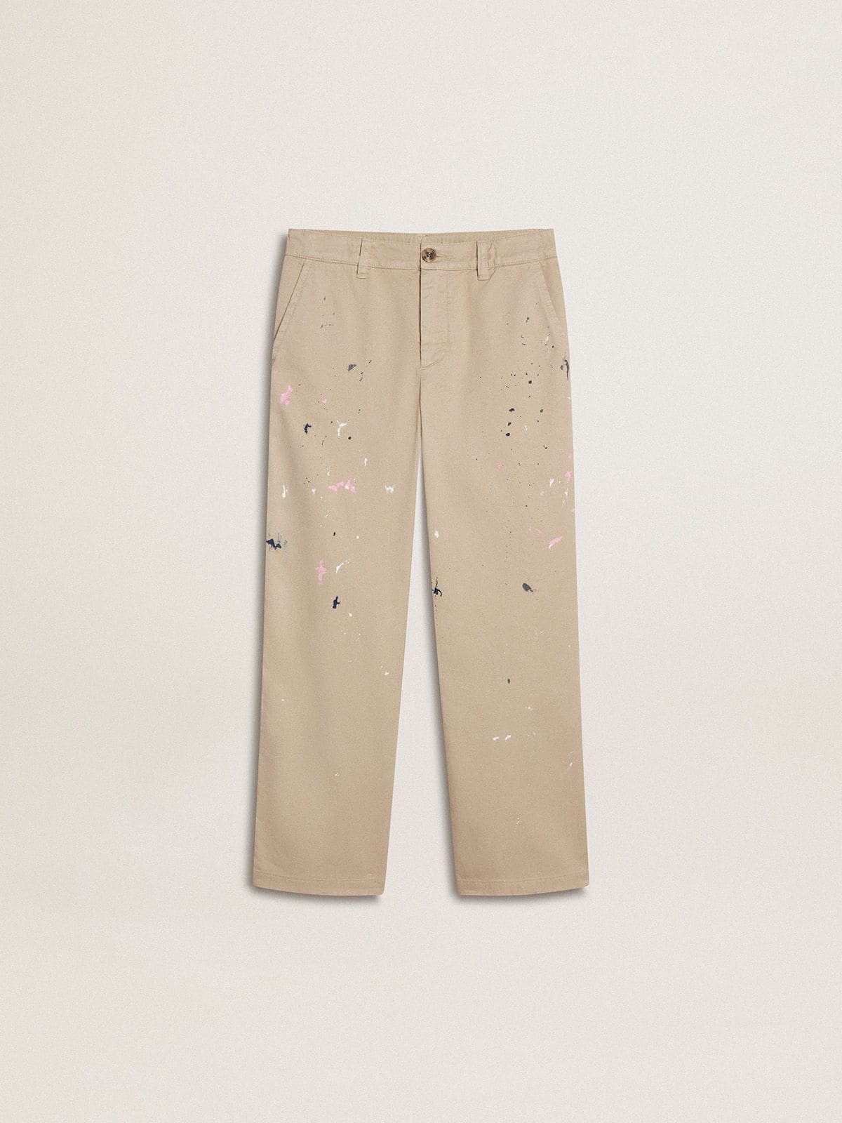 Golden Goose Kids’ beige chino pants with multicolor splashes