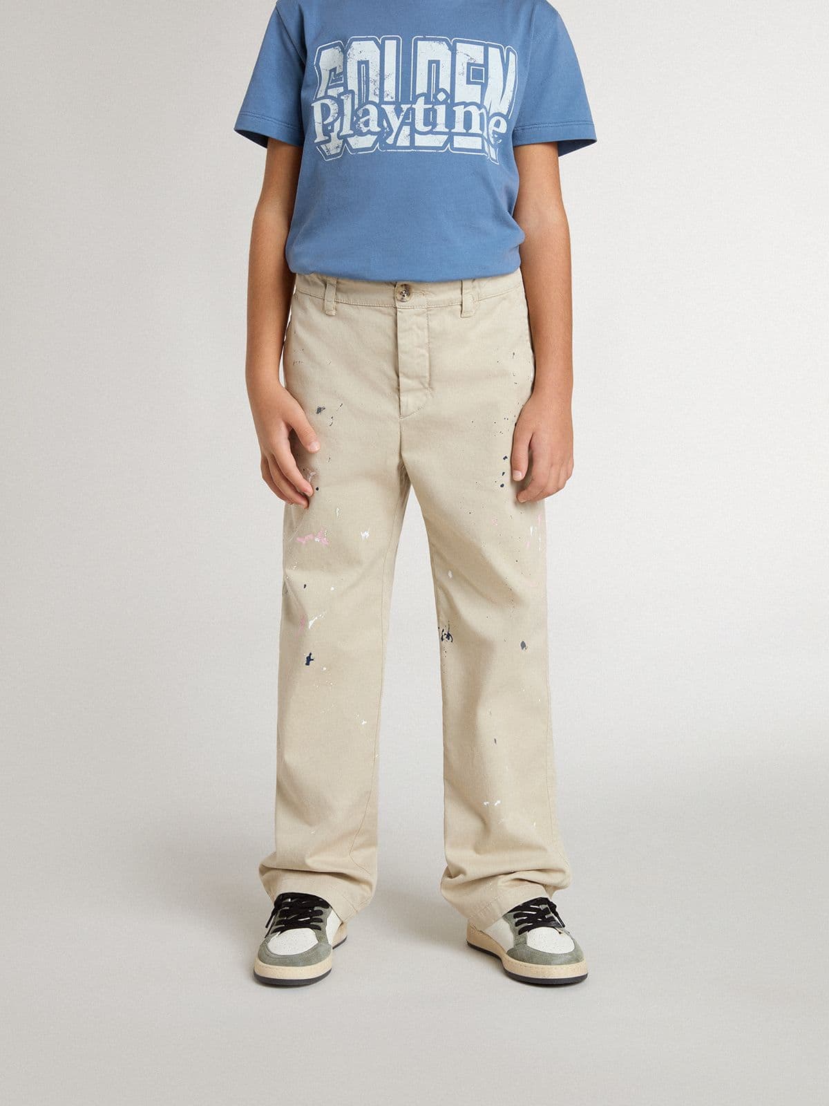 Golden Goose Kids’ beige chino pants with multicolor splashes
