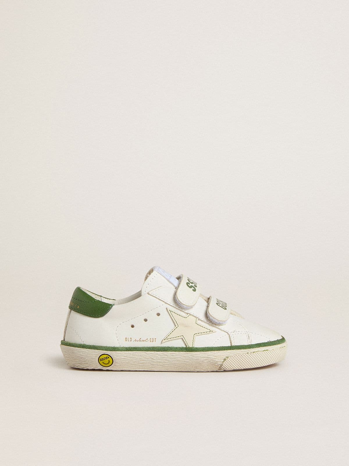 Golden Goose Junior Old School in white leather with green nappa heel tab and green insert