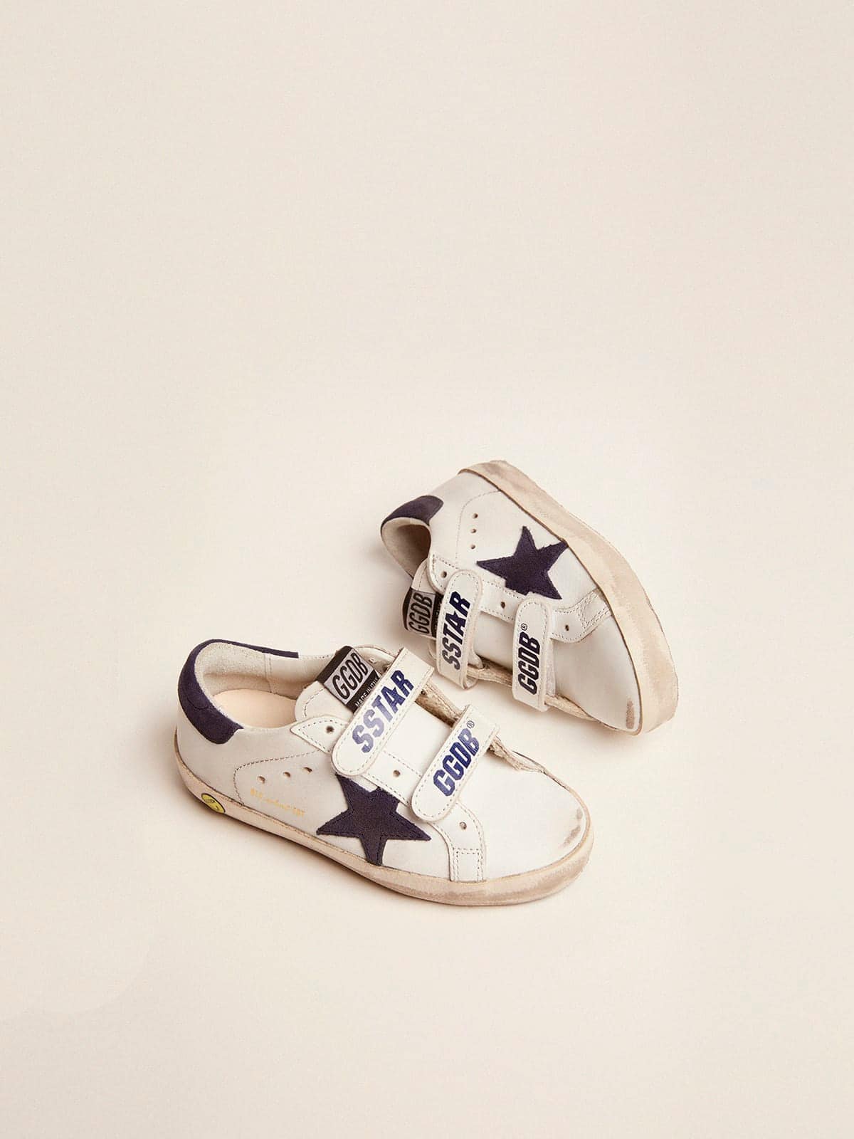 Golden Goose Old School Junior in white leather with blue suede star and heel tab