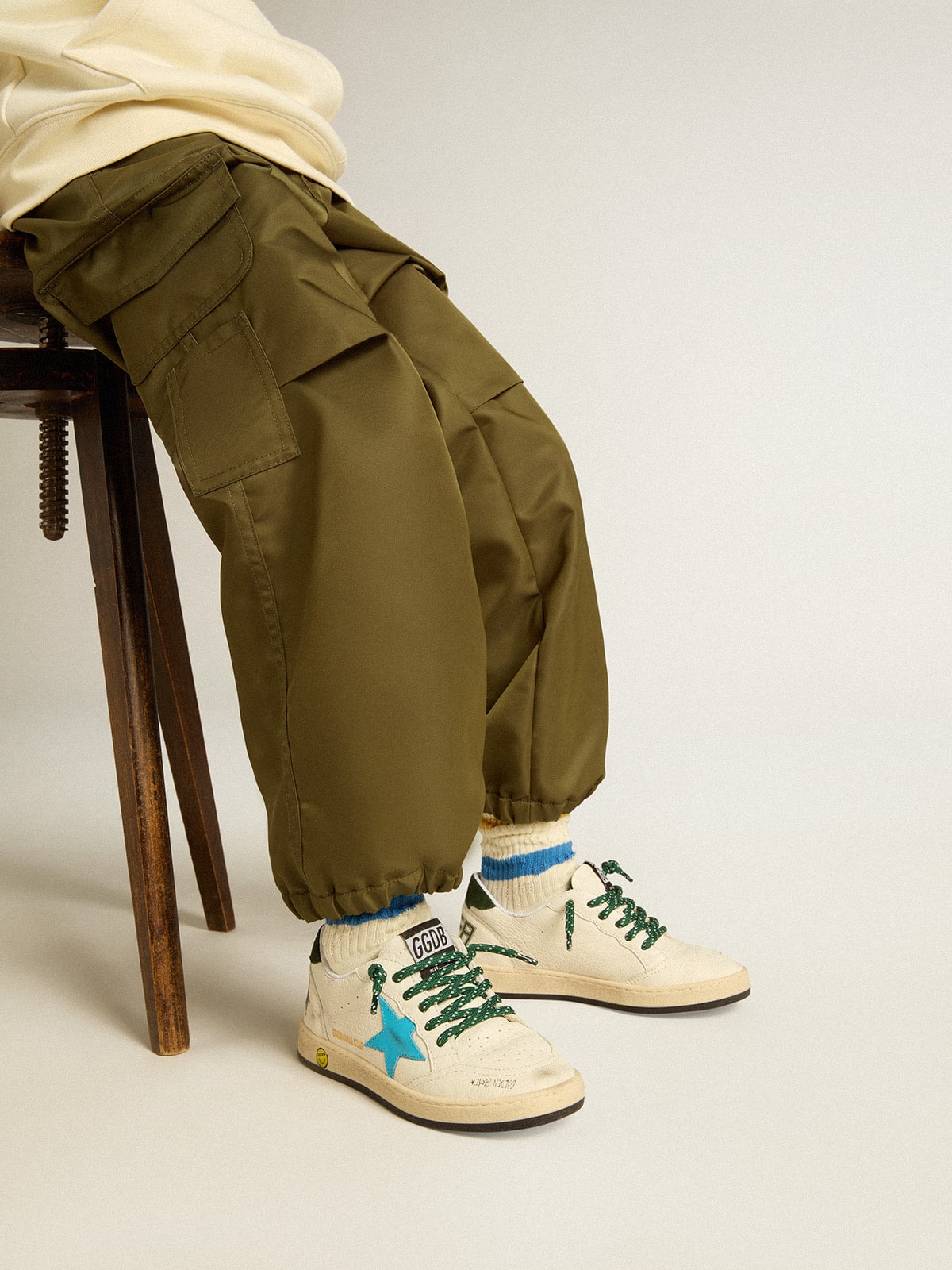 Golden Goose Junior Ball Star with turquoise star and green suede heel tab