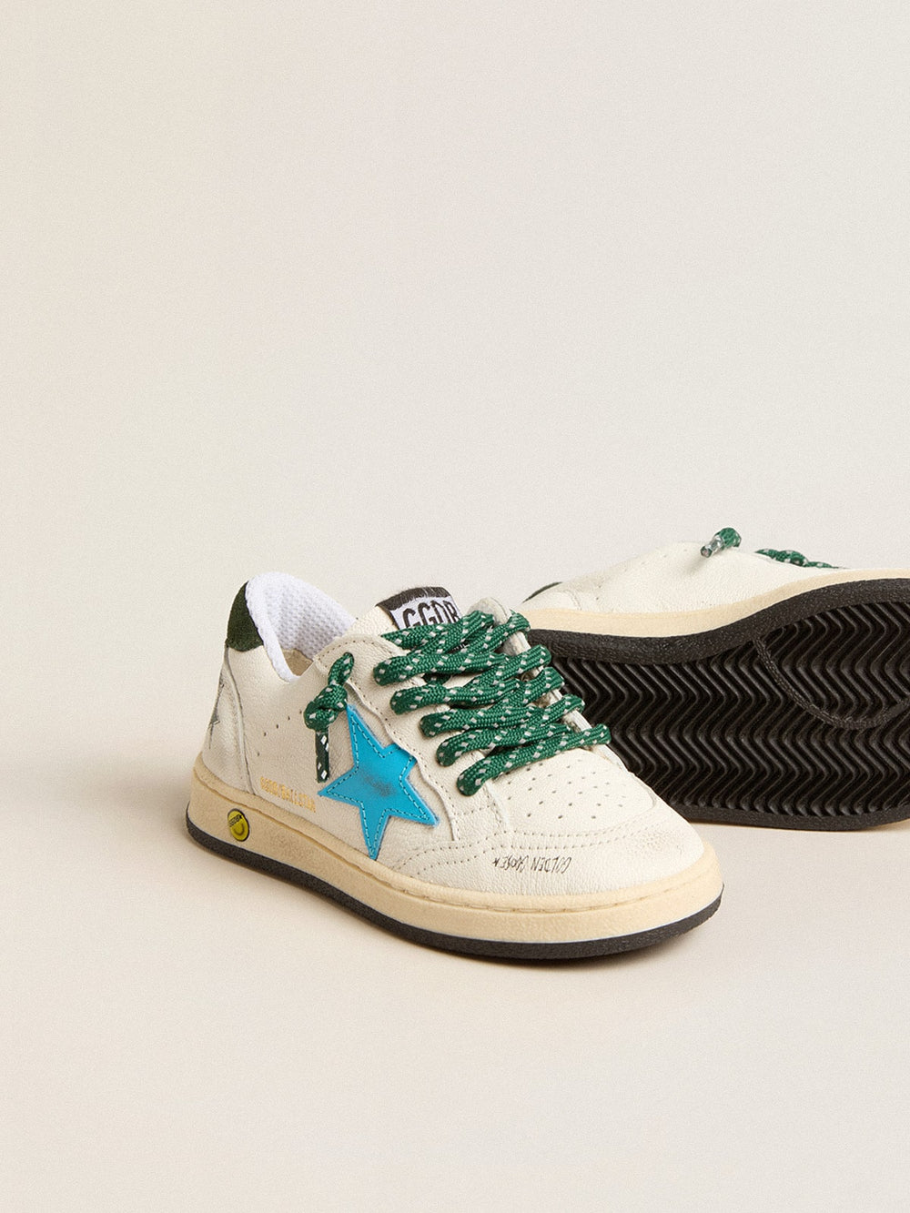 Golden Goose Junior Ball Star with turquoise star and green suede heel tab