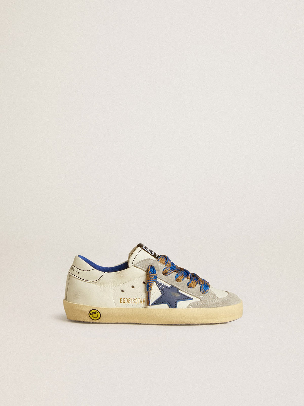 Golden Goose Super-Star Junior with blue leather star and ice-gray suede inserts