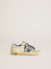 Golden Goose Super-Star Junior with blue leather star and ice-gray suede inserts