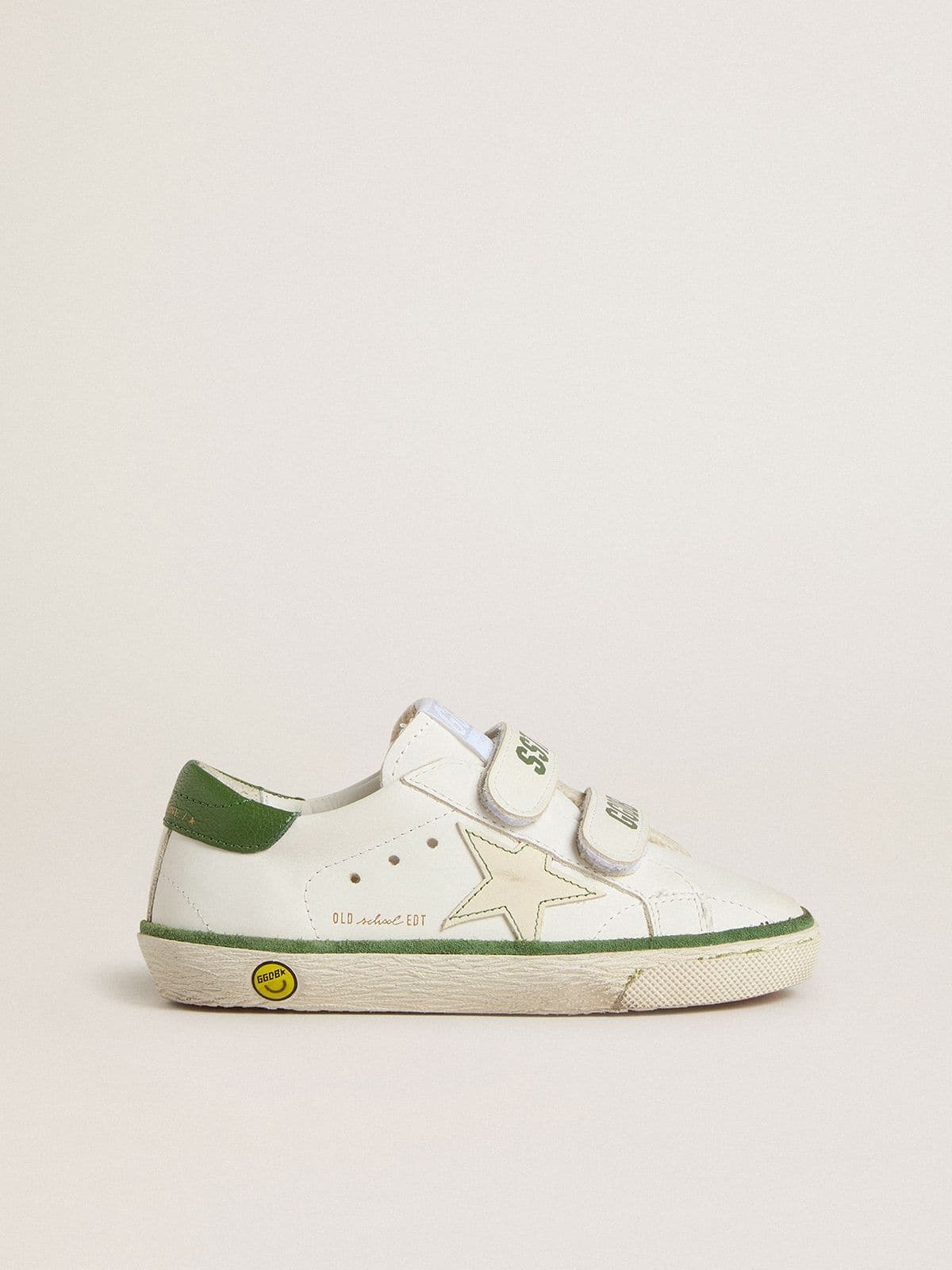 Golden Goose Teen Old School in white leather with green nappa heel tab and green insert
