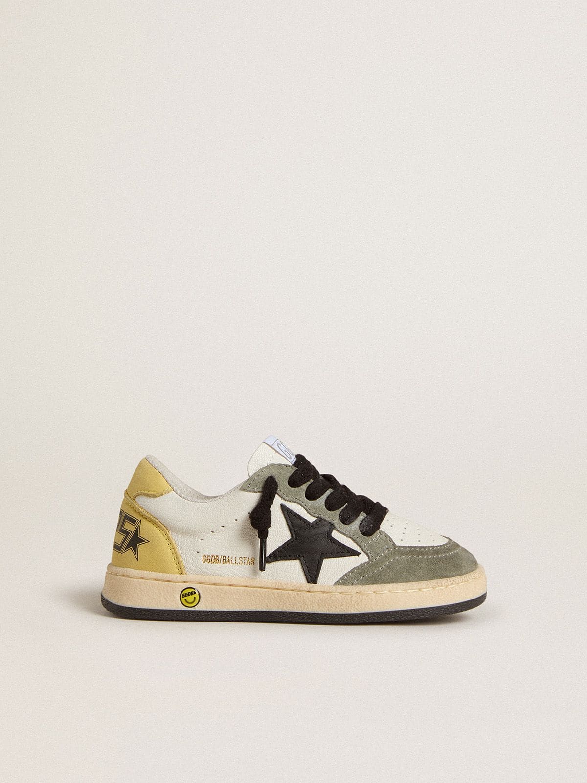 Golden Goose Ball Star Young in white nappa with dark green suede inserts and black star