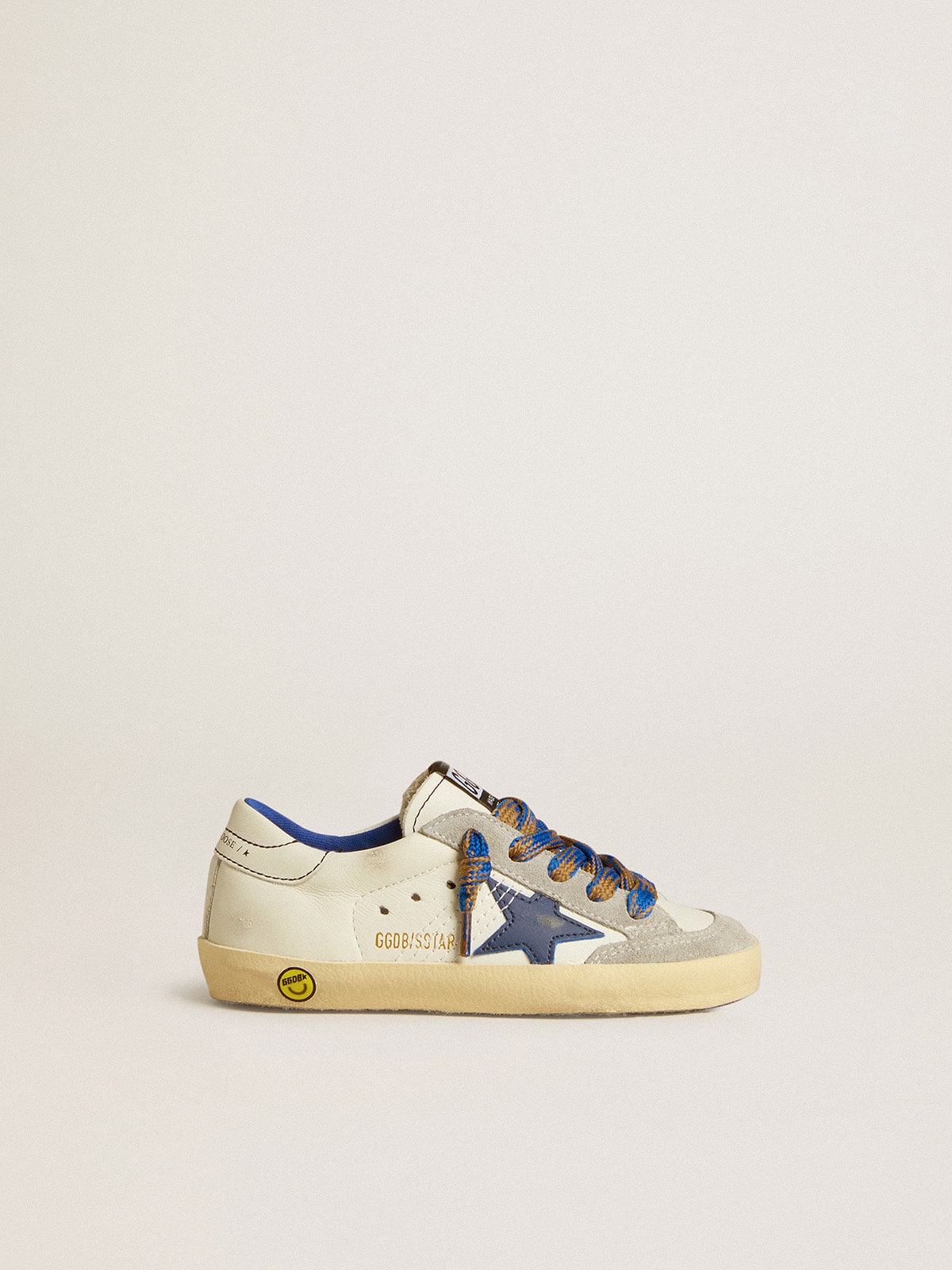 Golden Goose Super-Star Young with blue leather star and ice-gray suede inserts
