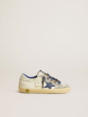 Golden Goose Super-Star Young with blue leather star and ice-gray suede inserts