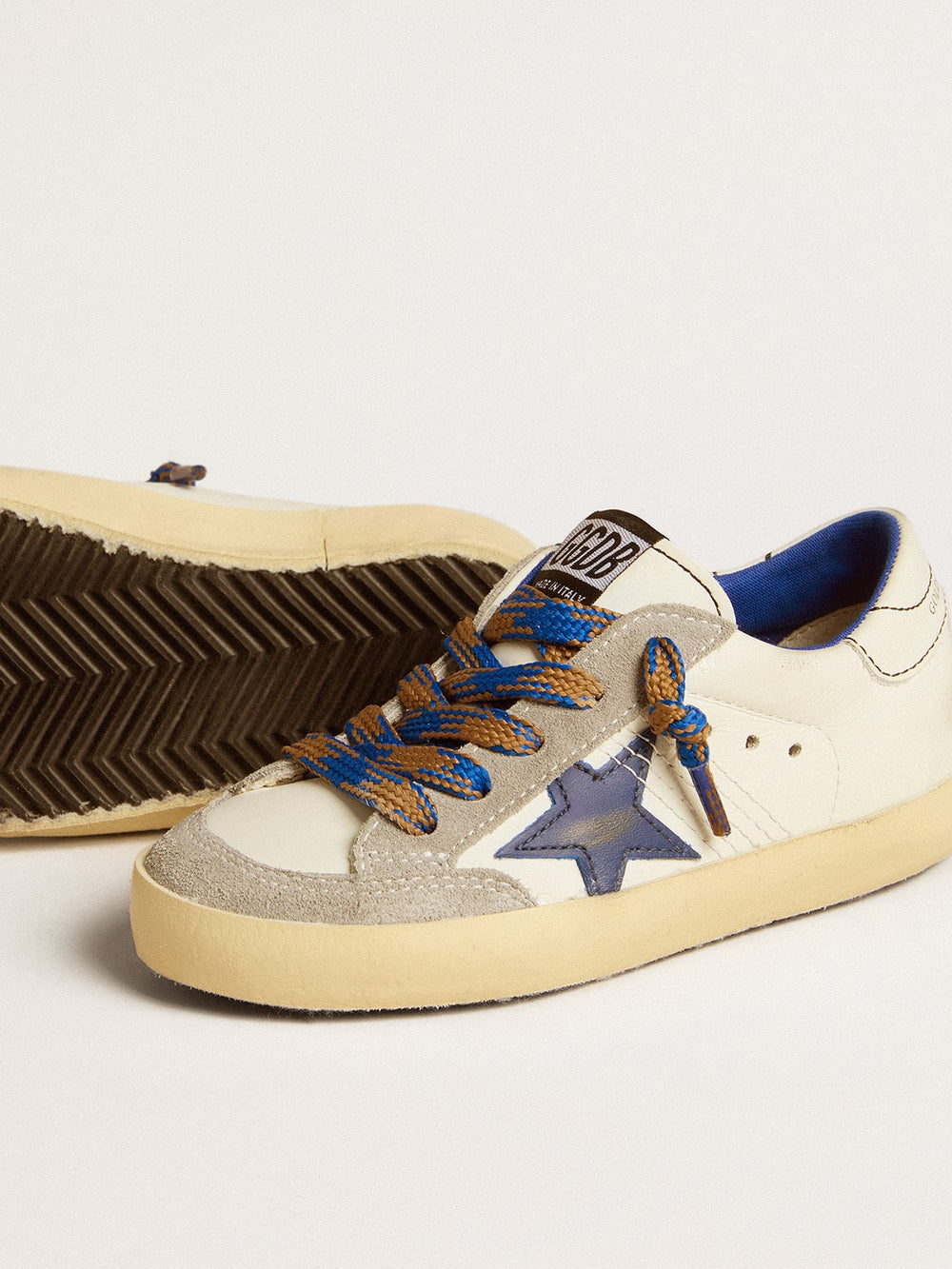 Golden Goose Super-Star Young with blue leather star and ice-gray suede inserts