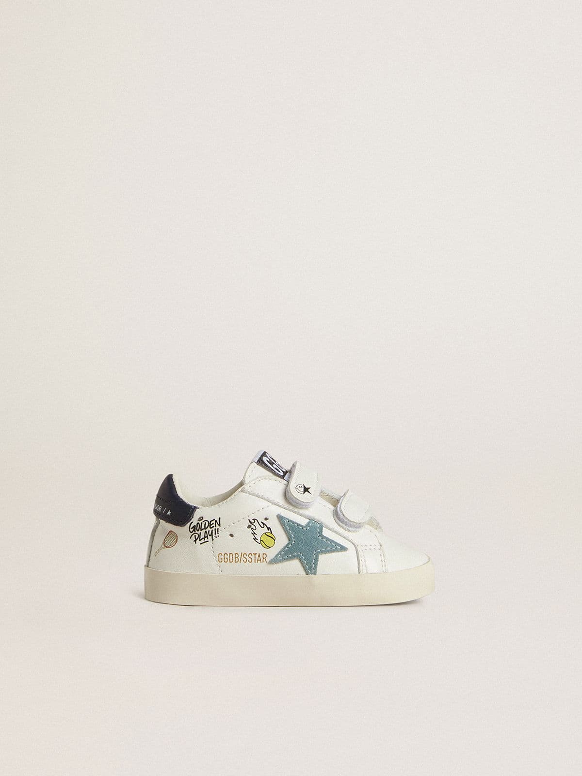 Golden Goose Baby School in white nappa with light blue suede star and tennis motif