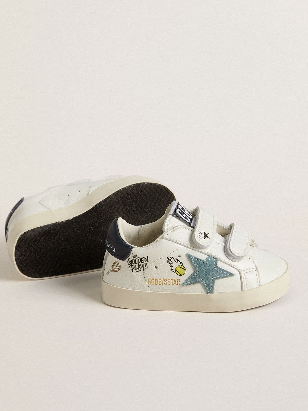 Golden Goose Baby School in white nappa with light blue suede star and tennis motif