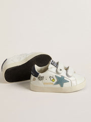 Golden Goose Baby School in white nappa with light blue suede star and tennis motif